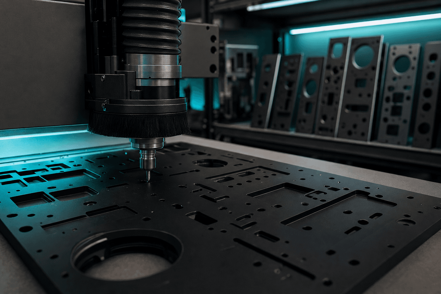 Printed panels, labels, and small production parts staged for print prep and finishing.