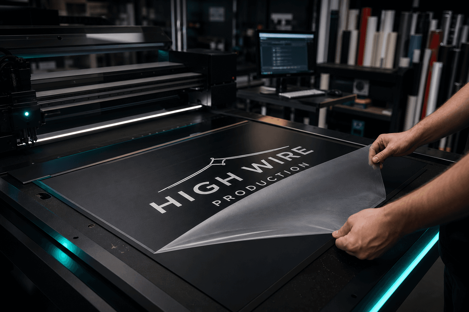 Stage and artist graphics print examples including signs, vinyl graphics, and branded pieces.